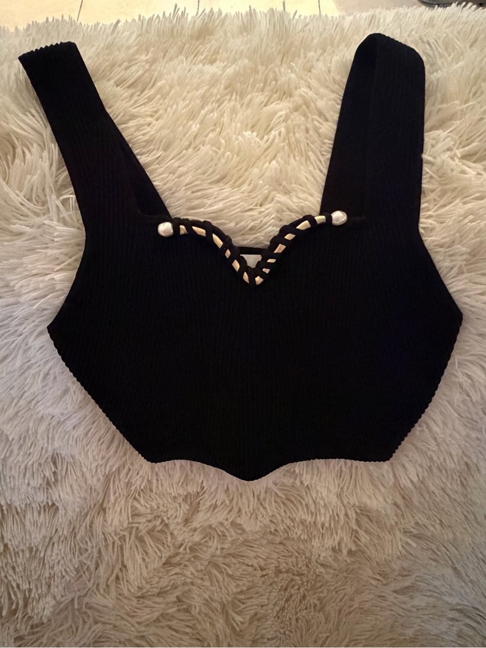 Aje Black Ribbed Lace-Up Crop Top with Bead Detail